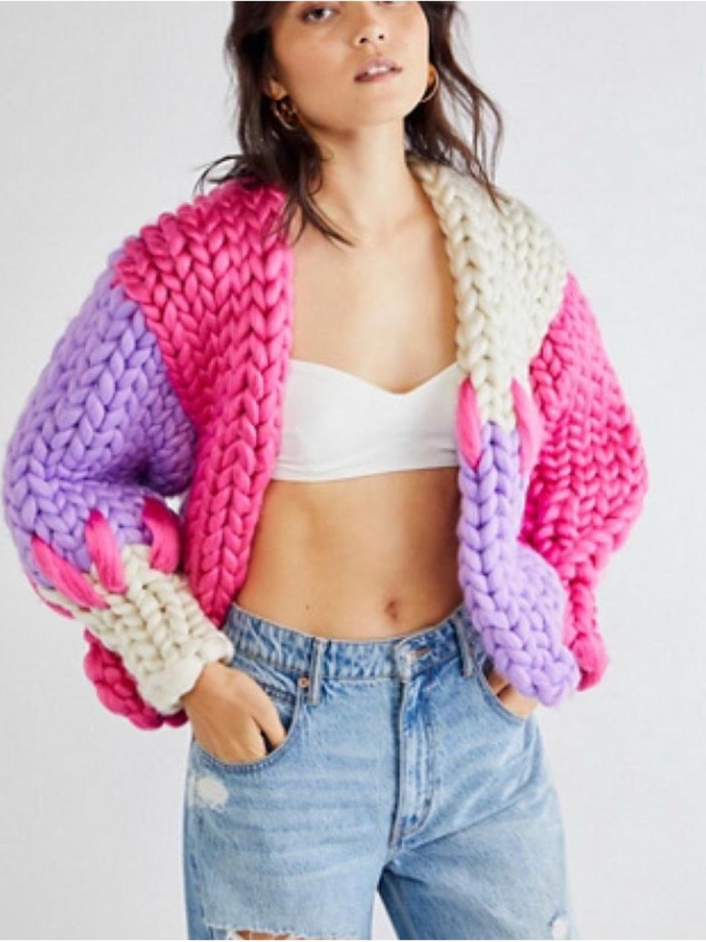 Hope Macaulay Chunky Colorblock Knit Cardigan - Pink, Lavender & Cream OS